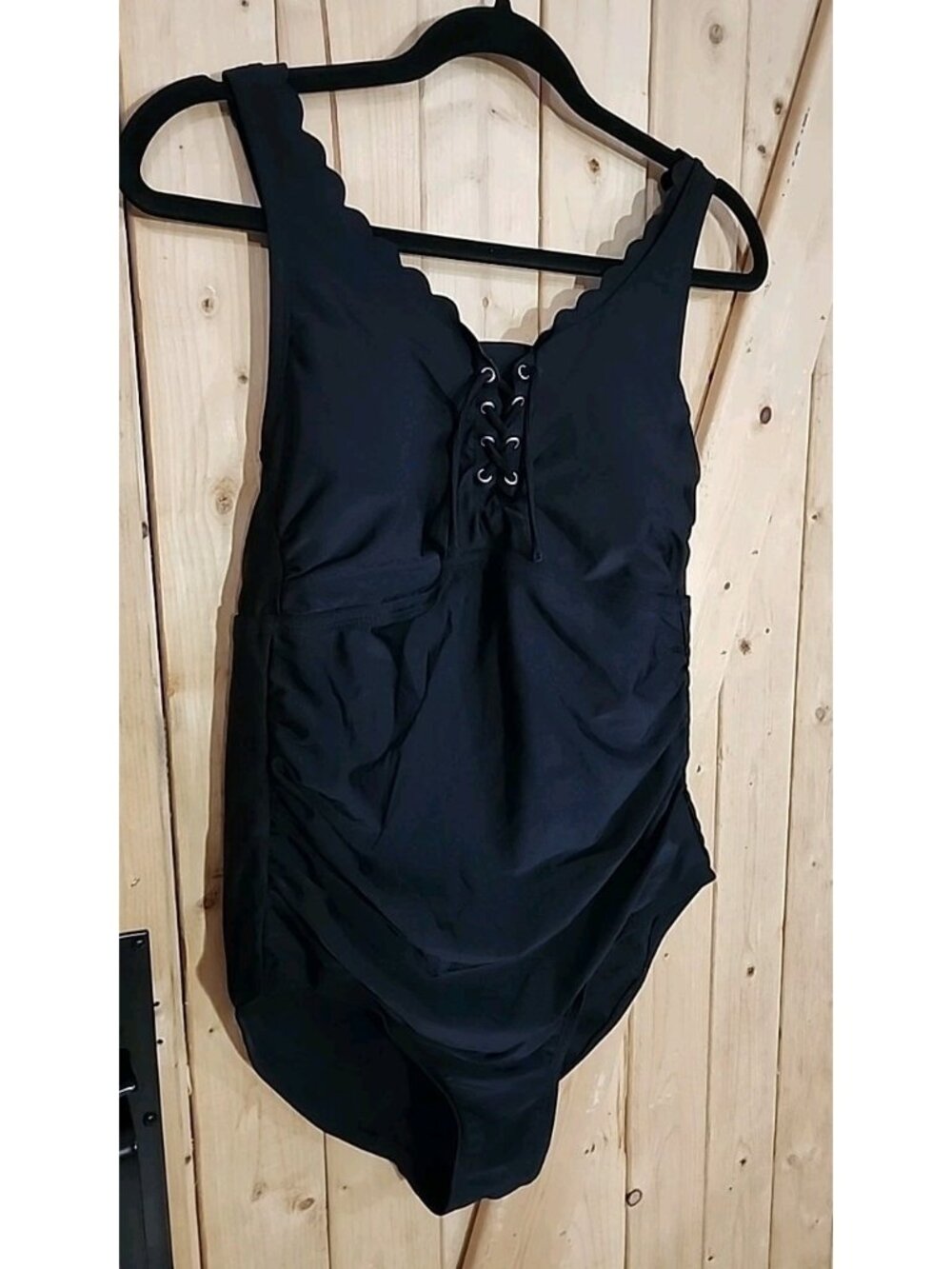 Women's Lace-Up Scallop One Piece Swimsuit - Kona Sol‎ Black Sz 14W Wide Straps